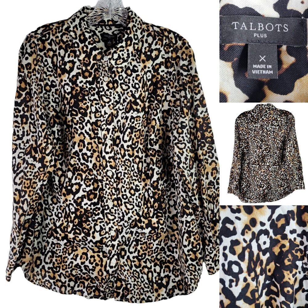 Talbots Leopard Print Button Down Shirt Neutral Animal Print Professional X XL